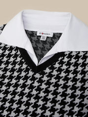 Close-up of a houndstooth patterned shirt with a white collar and '5th Avenue' label.
