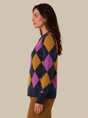 A woman shown in side profile wearing a long-sleeve knit sweater with a large argyle pattern in navy, mustard yellow, and magenta, paired with brown pants, against a solid beige background.