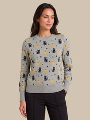 Halloween Cat Print Crewneck Sweater