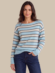 A woman wearing a light blue long-sleeve knit sweater with thin horizontal stripes in beige, brown, and navy, paired with dark blue jeans, against a solid beige background.