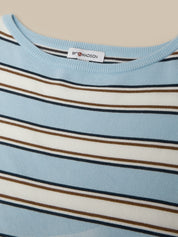 Close-up of a striped knit top with a light blue crew neck, featuring horizontal stripes in cream, dark navy, and brown. A white neck label reads '87 MADSON'.