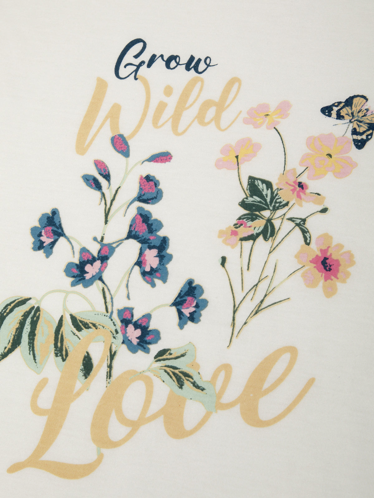 Decorative text 'Grow Wild Love' with floral elements on a light background