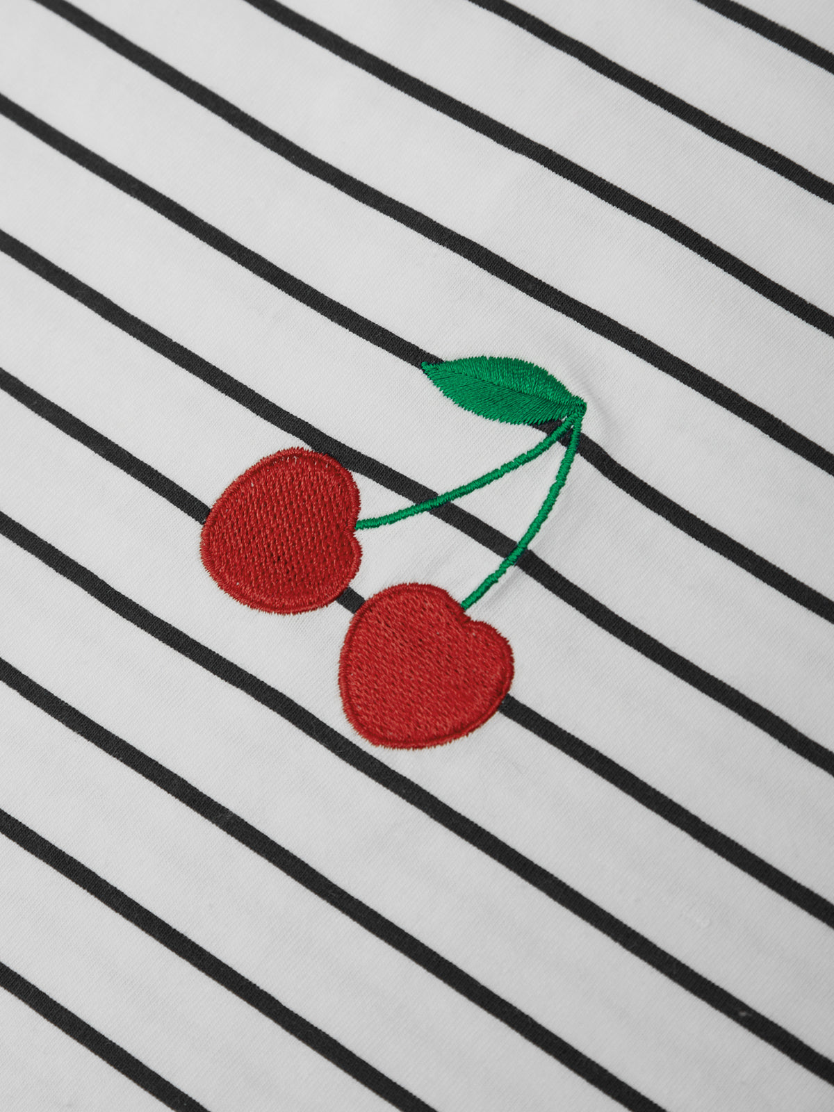 Embroidered cherries on a black and white striped fabric