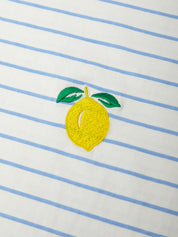 Embroidered lemon on a striped fabric background