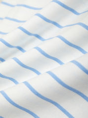 Close-up of fabric with blue wavy lines on a white background