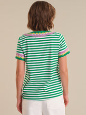 Person wearing a green and white striped shirt with colorful trim on a beige background