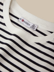 Close-up of a striped garment with a label on a beige background