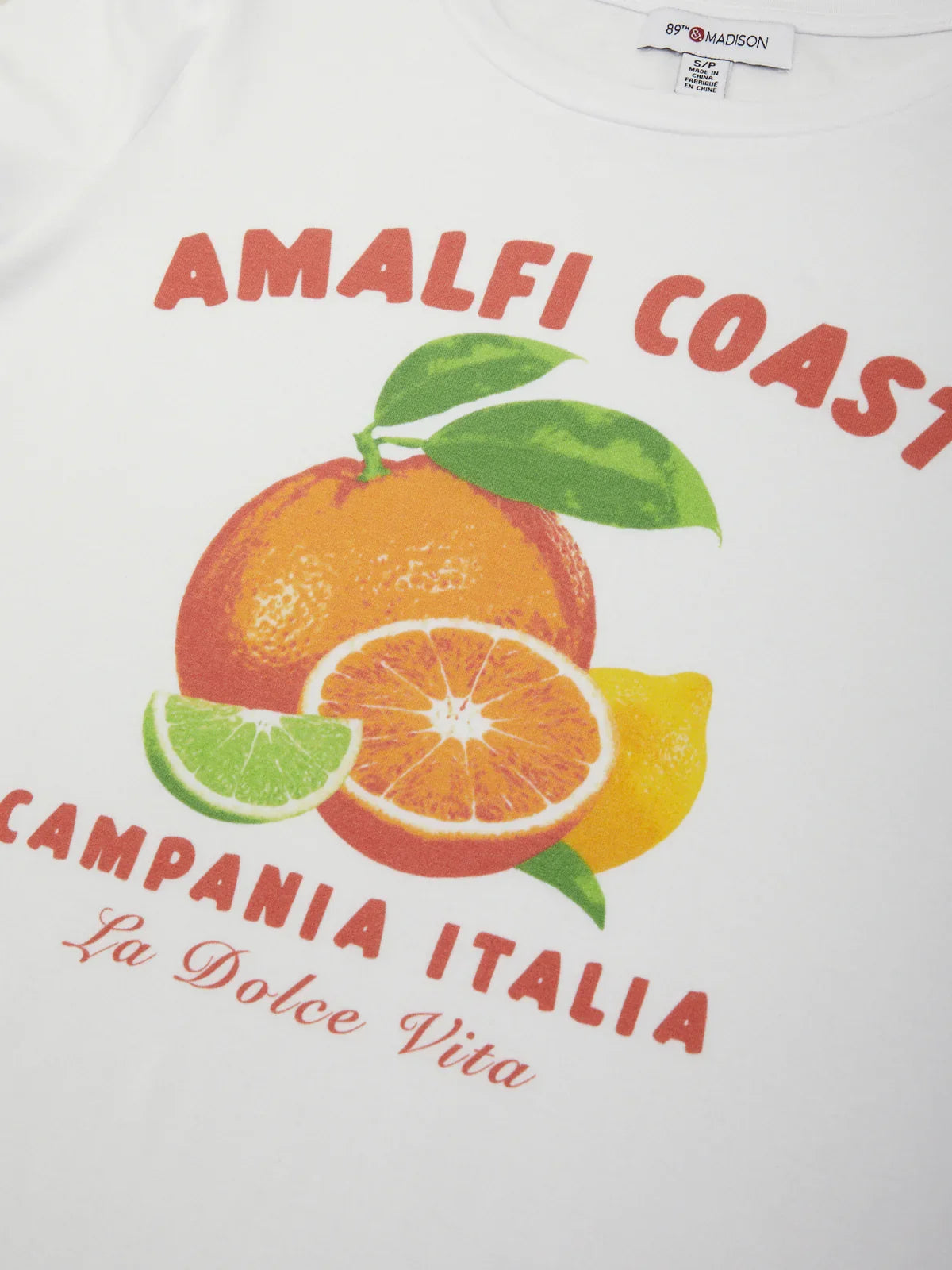 T-shirt with 'Amalfi Coast, Campania Italia' text and fruit graphics on a white background