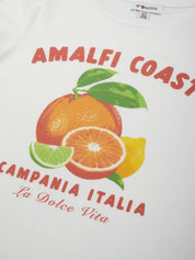 T-shirt with 'Amalfi Coast, Campania Italia' text and fruit graphics on a white background
