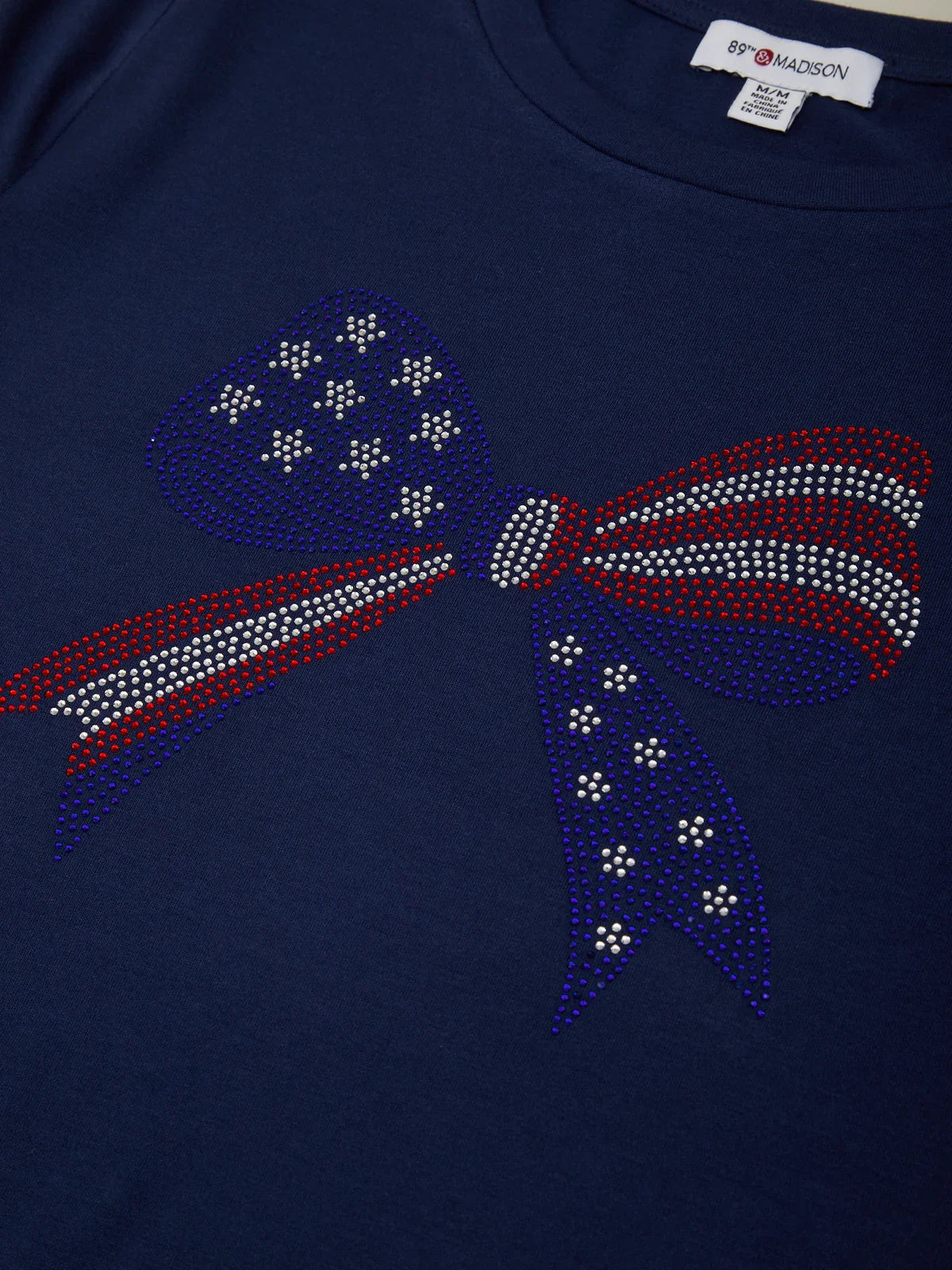 Navy blue shirt with American flag design made of rhinestones