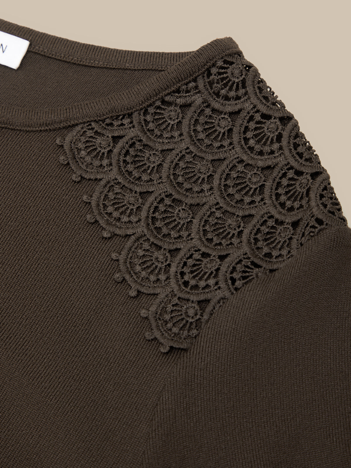 Close-up of a dark brown knit top featuring an intricate circular lace applique panel across the upper chest, set against a solid beige background.