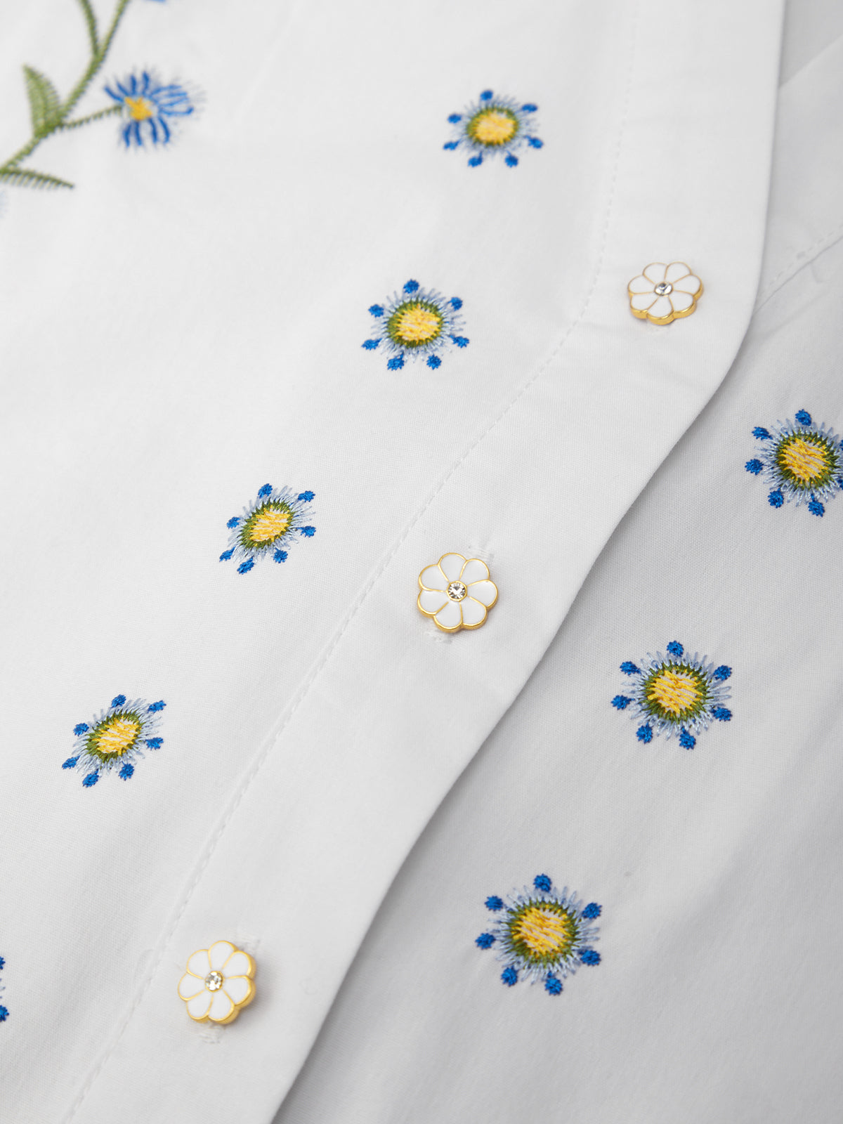 Embroidered floral patterns on a white fabric background