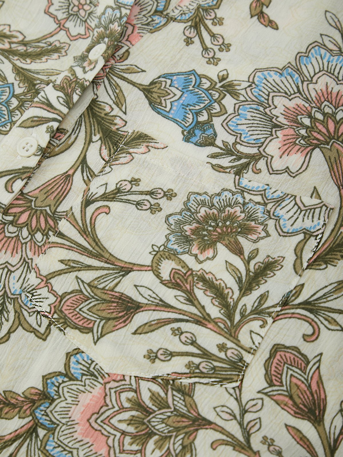 Close-up of floral and paisley patterned fabric with pastel colors.
