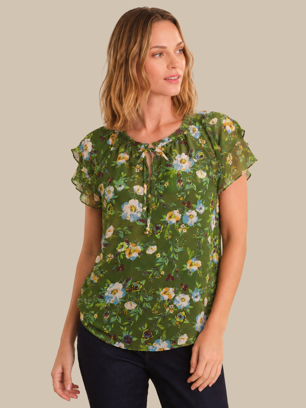 Floral Smocked Neck Tie Front Top