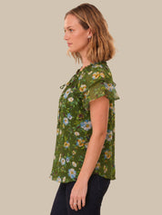 Floral Smocked Neck Tie Front Top