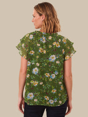 Floral Smocked Neck Tie Front Top