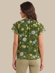 Floral Smocked Neck Tie Front Top