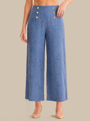 Blue wide-leg pants with gold buttons on a neutral background