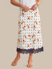Skirt with floral and polka dot pattern on a beige background