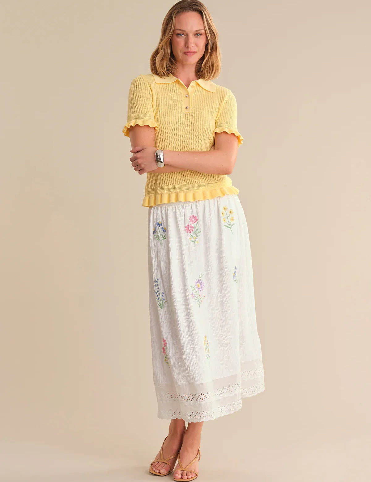 Floral Embroidery White Skirt With Yellow Flowers 89th Madison 