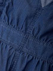 Close-up of a blue denim fabric with stitching details