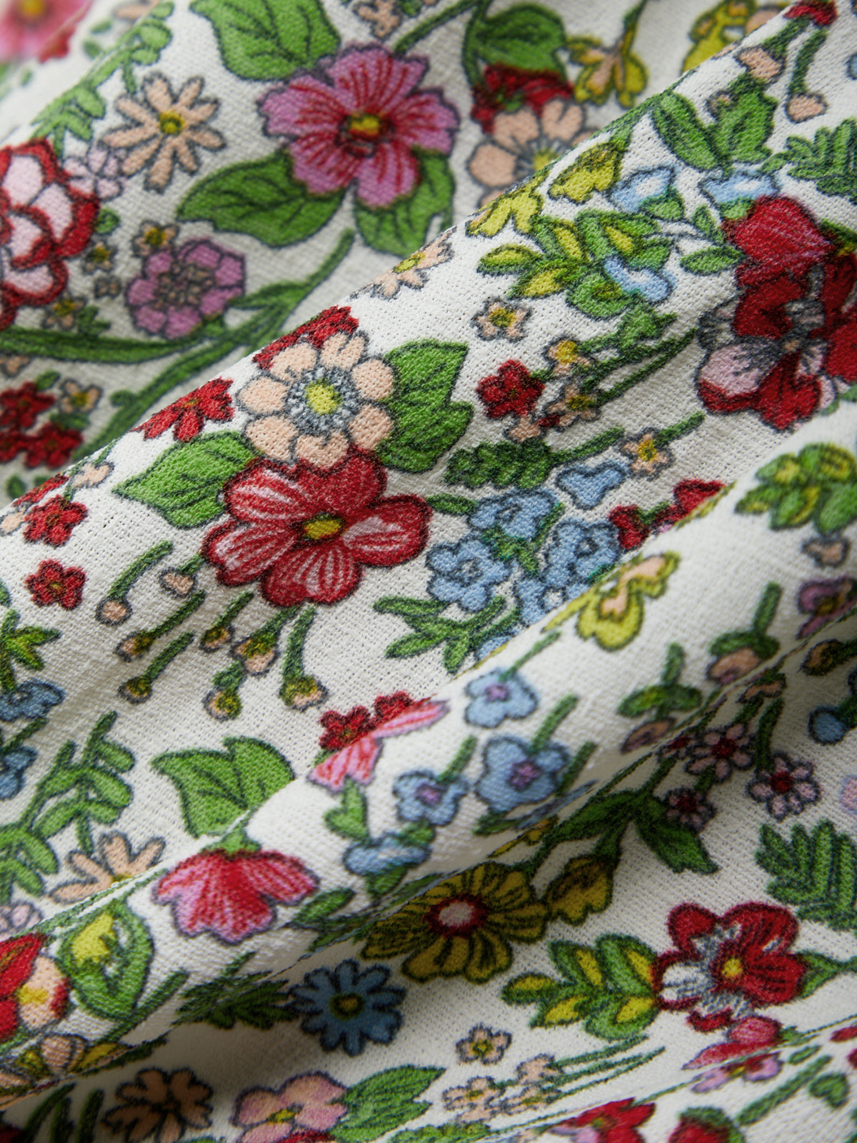 Close-up of floral fabric with colorful flowers on a white background