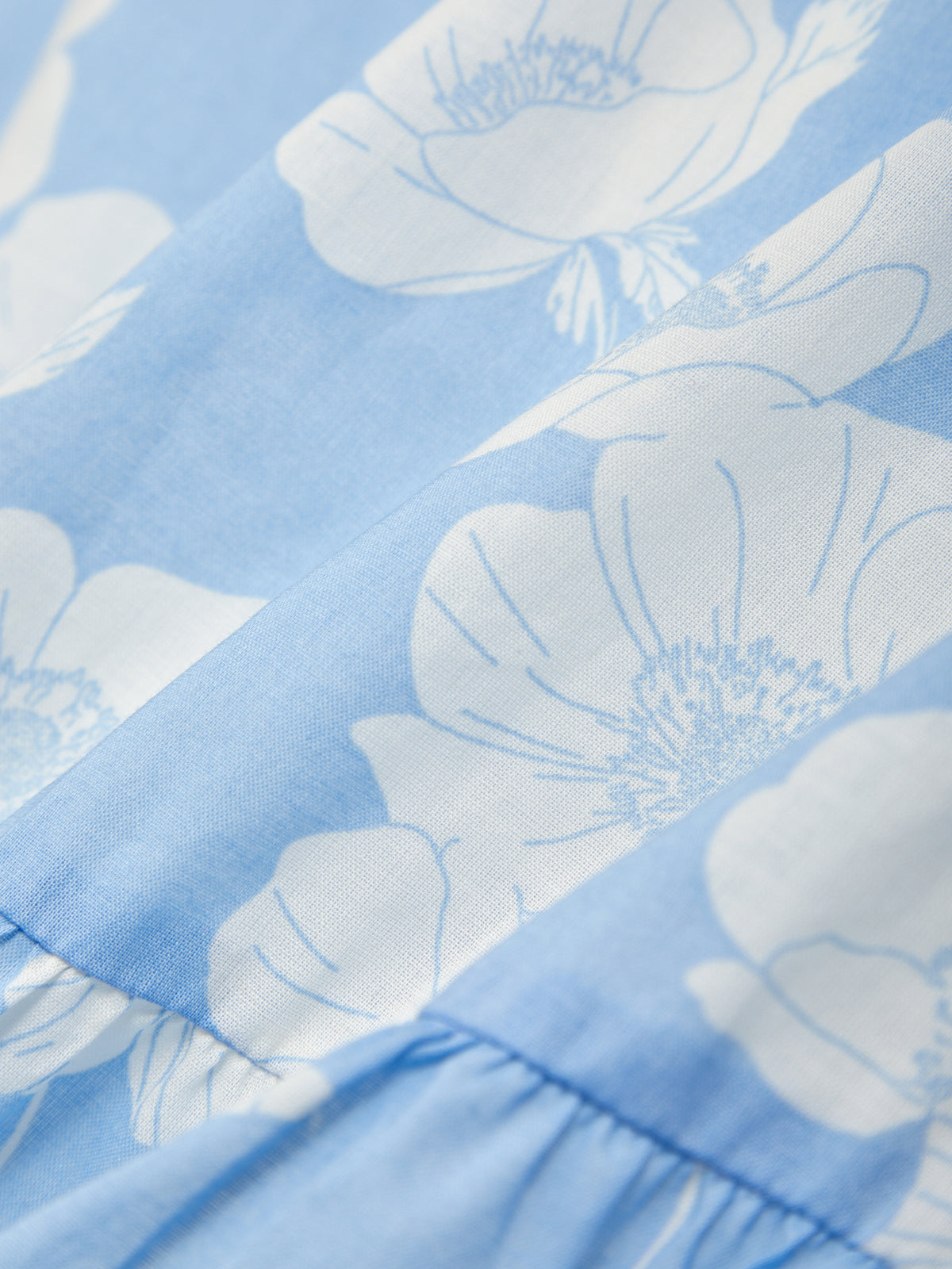 Close-up of blue fabric with white floral pattern