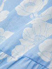 Close-up of blue fabric with white floral pattern