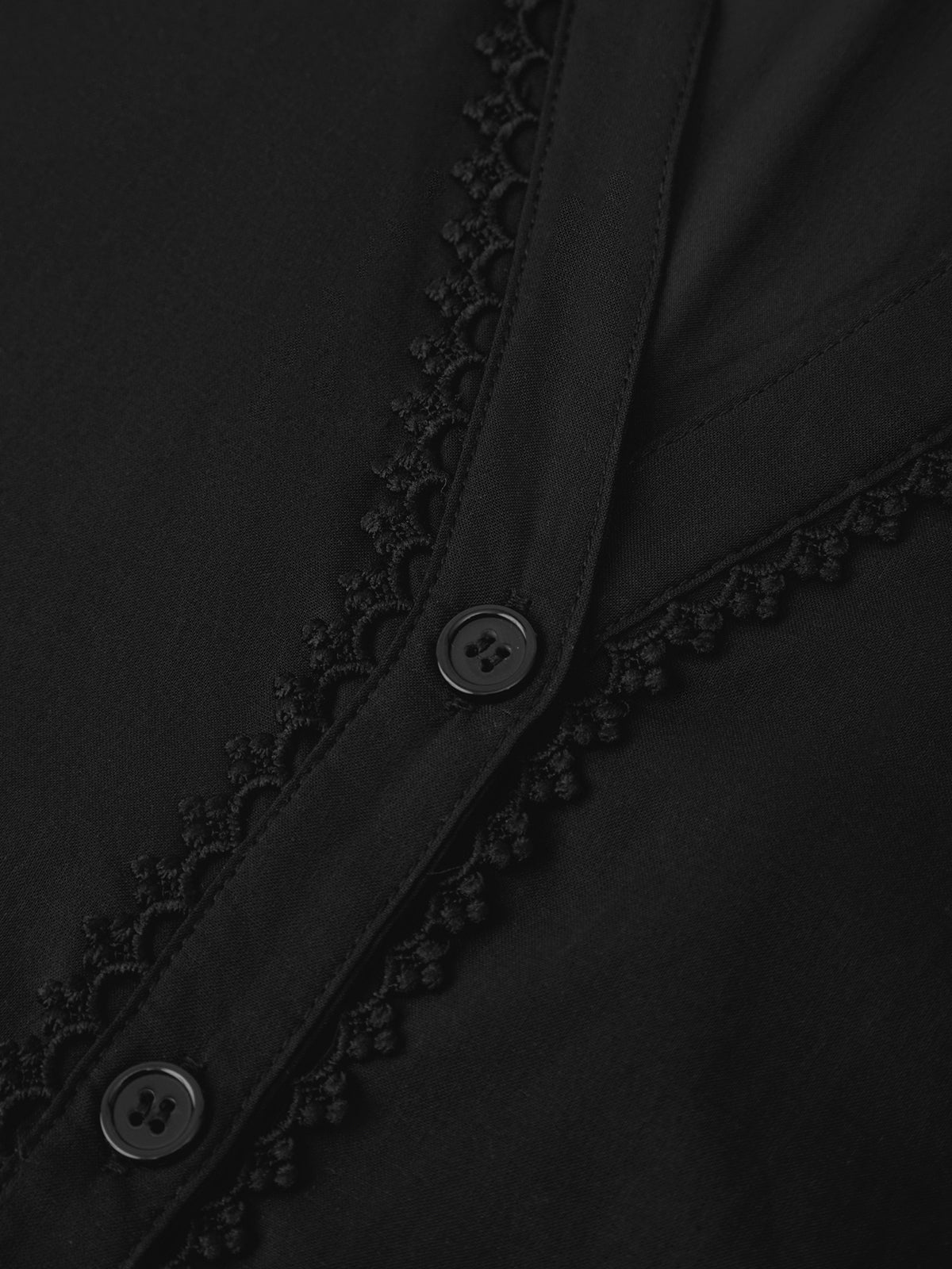 Close-up of a black garment with lace trim and buttons.