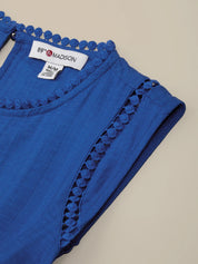 Blue garment with lace trim and '89TH Madison' label on a beige background
