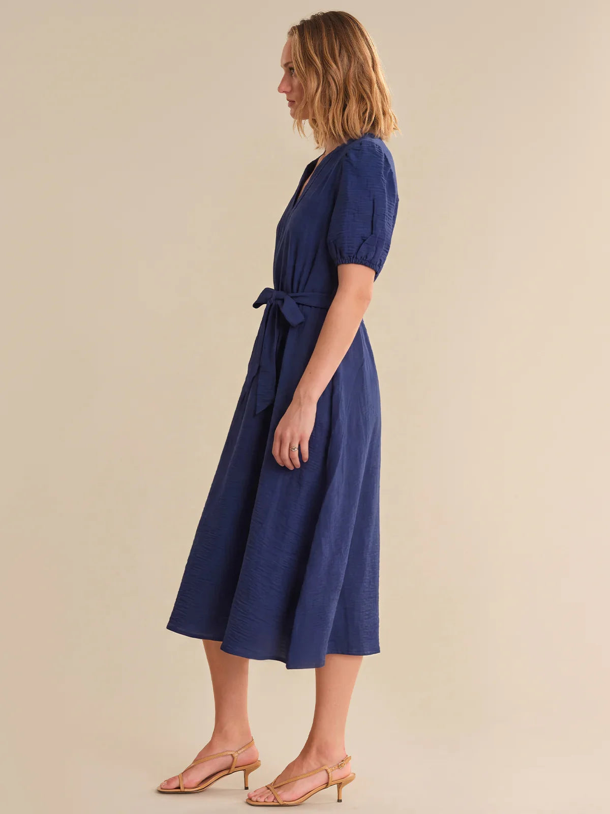Tie Waist Split Neck Midi Dress