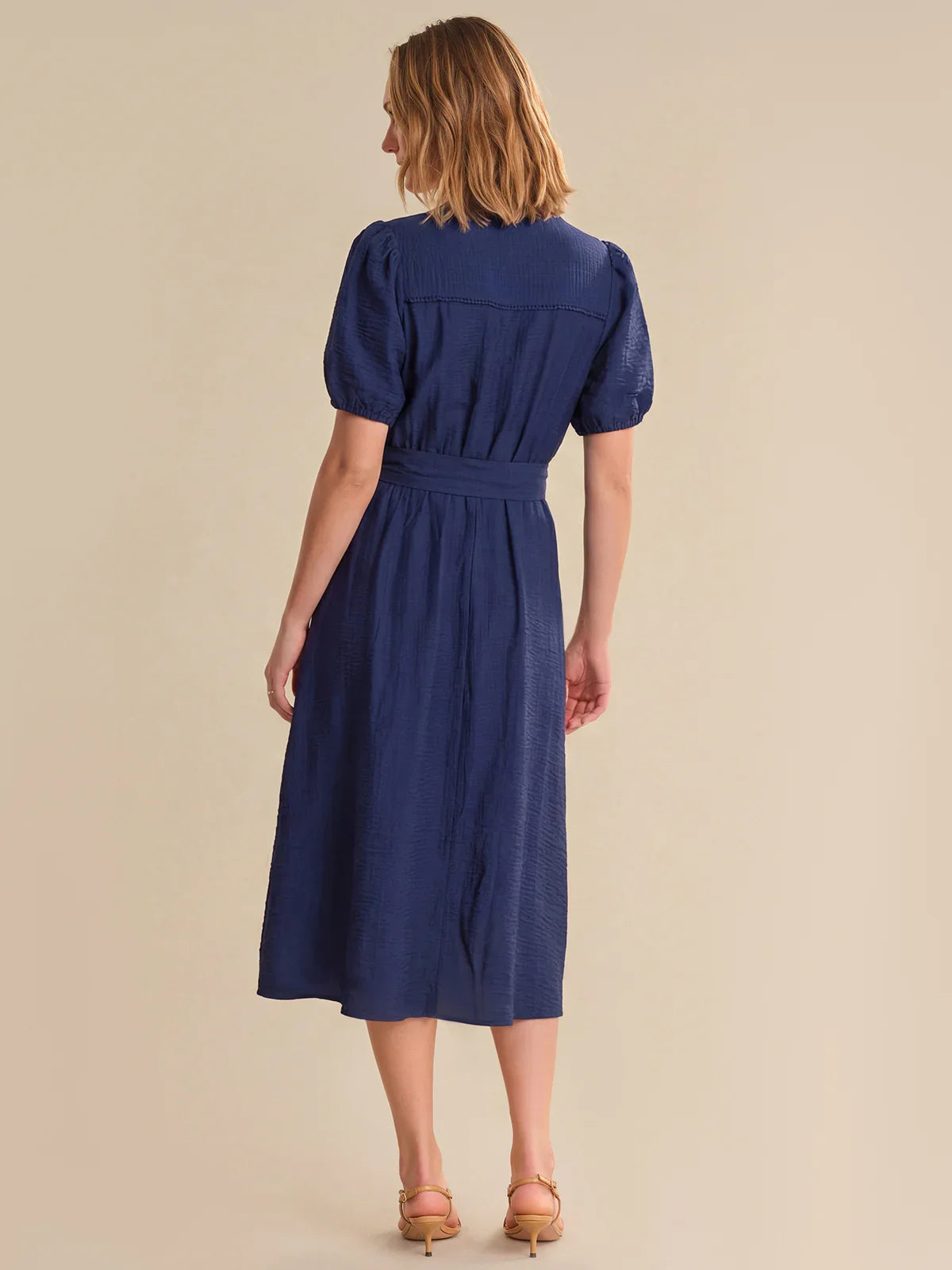 Tie Waist Split Neck Midi Dress