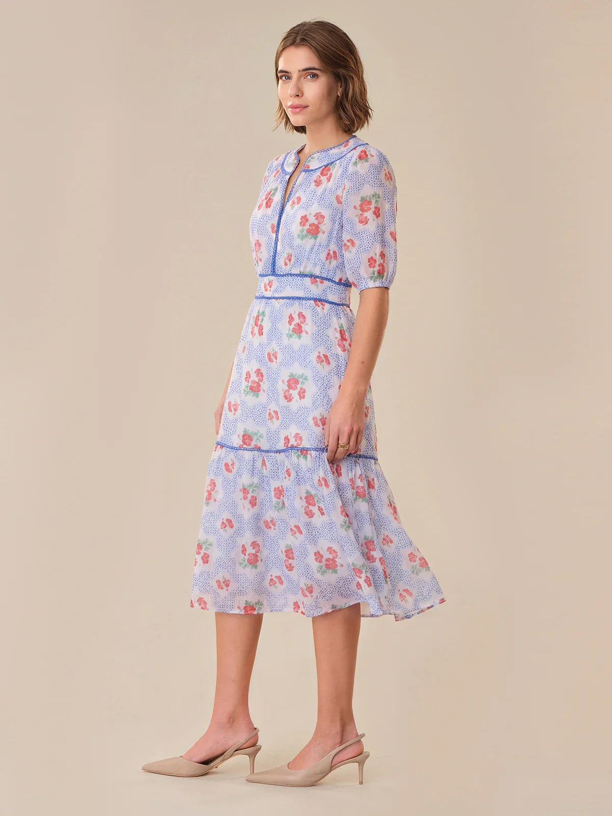 Floral Print Puff Sleeve Midi Dress