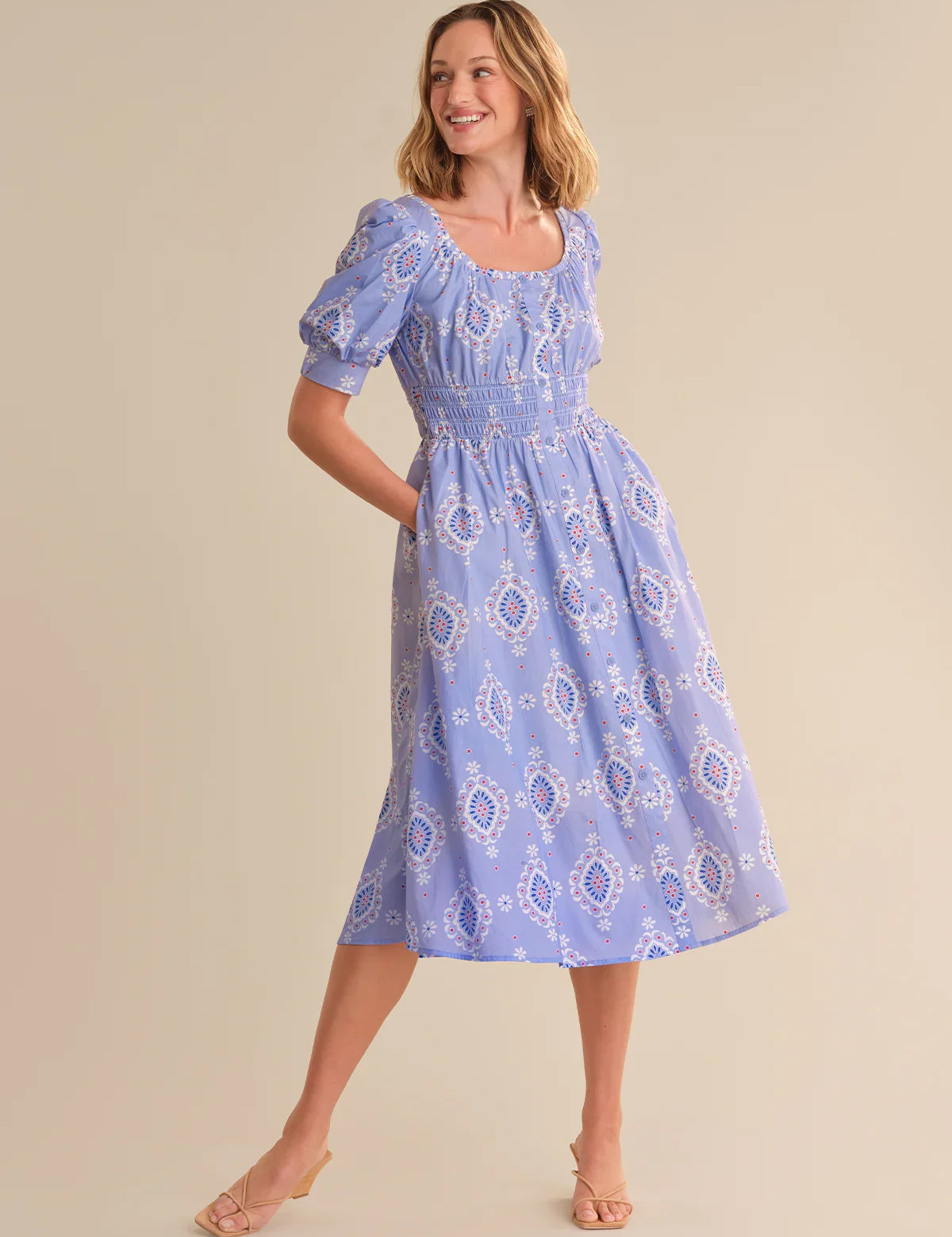 knee length dresses for ladies Sweet New Day Blue Paisley Rickrack Midi Dress – Shop the Mint