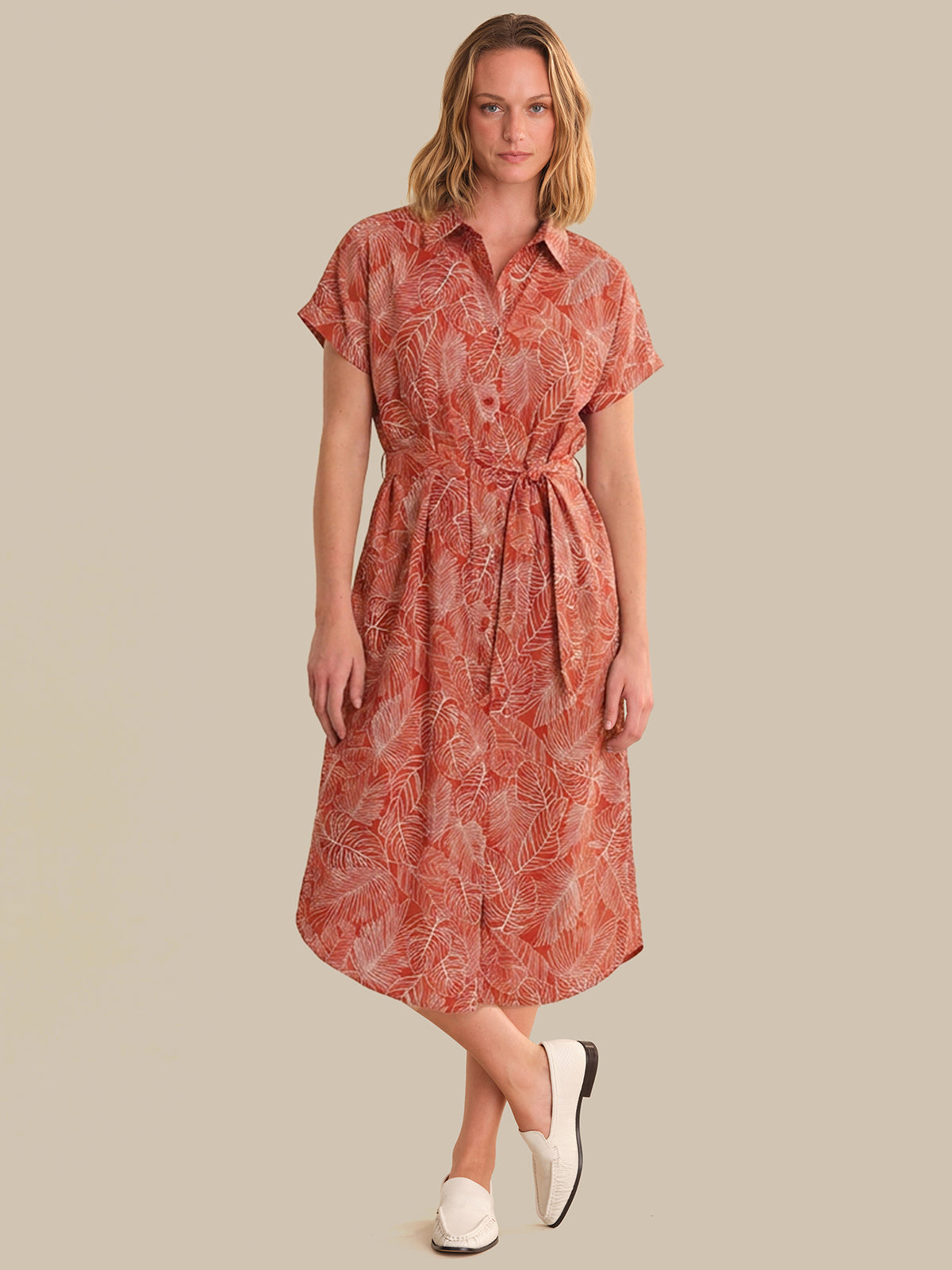 Tropical Leaf Print Midi Shirt Dress