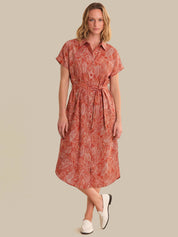 Tropical Leaf Print Midi Shirt Dress