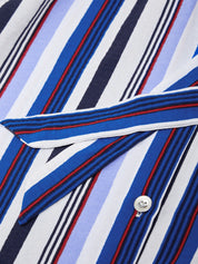 Close-up of a shirt with blue, white, and red vertical stripes.