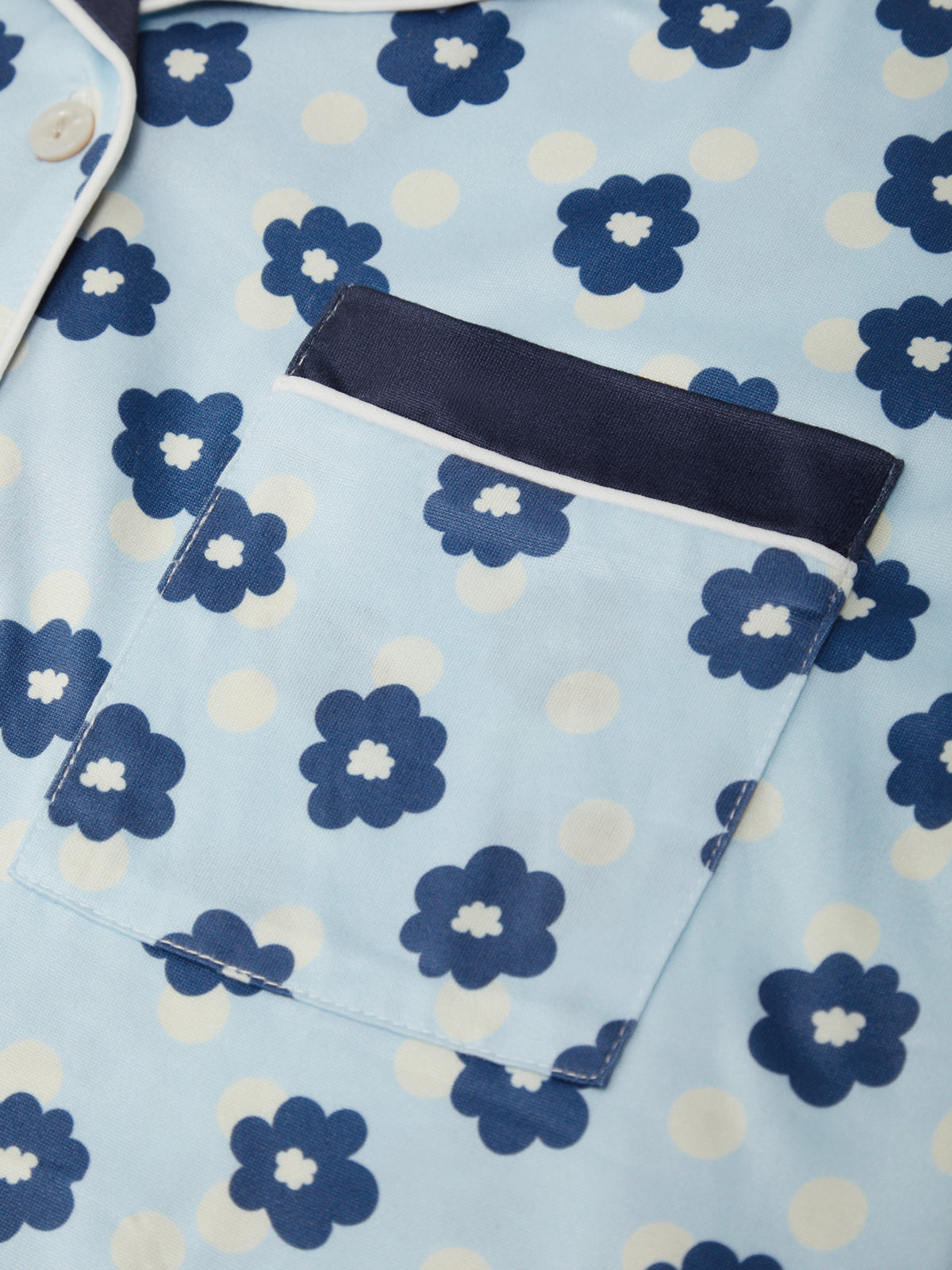 Blue floral pattern on a light blue background with a black pocket.