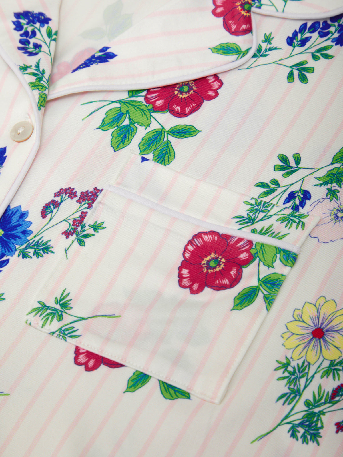 Floral patterned fabric with pink stripes