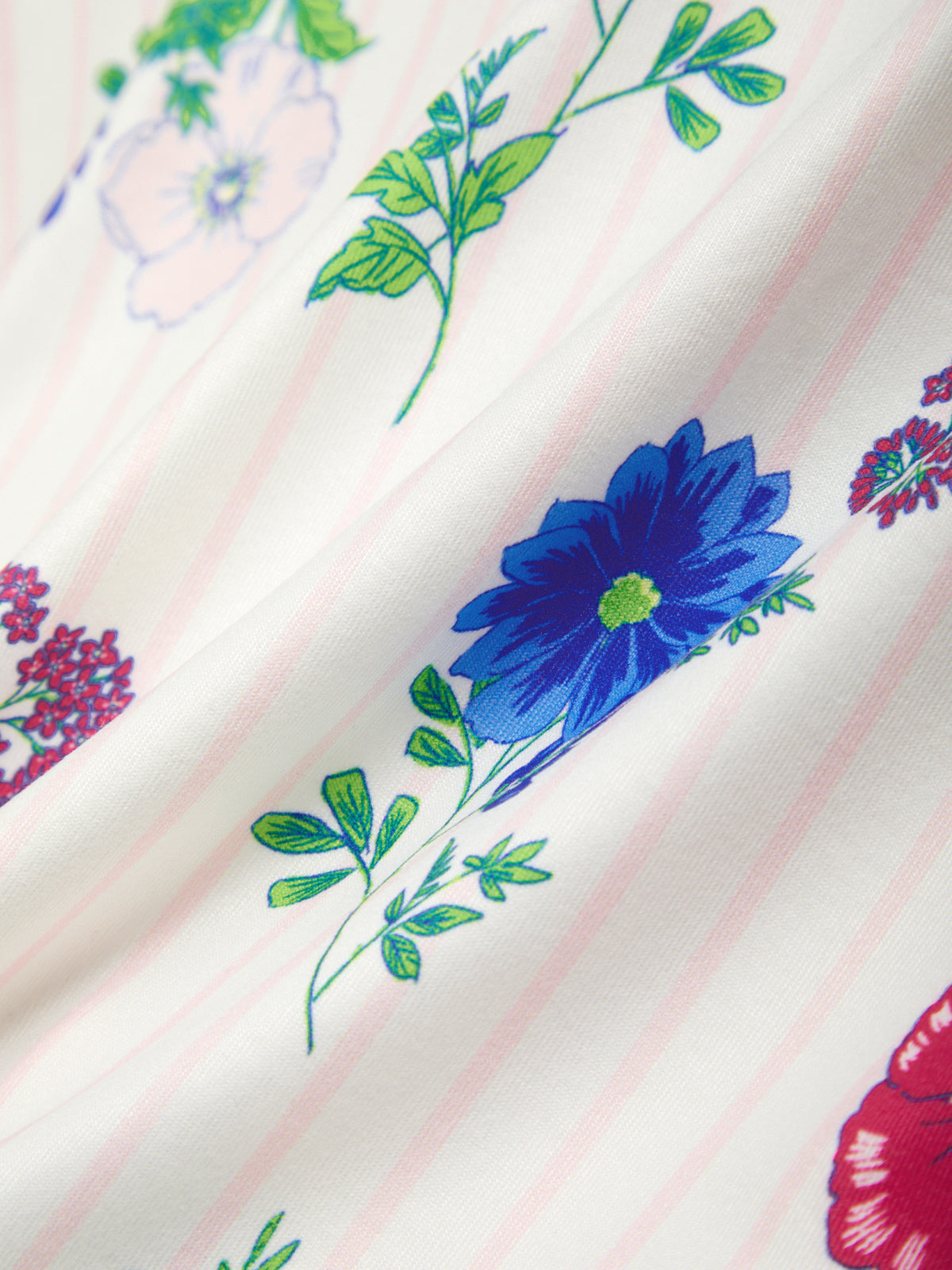Floral patterned fabric with blue, green, and pink flowers on a white background