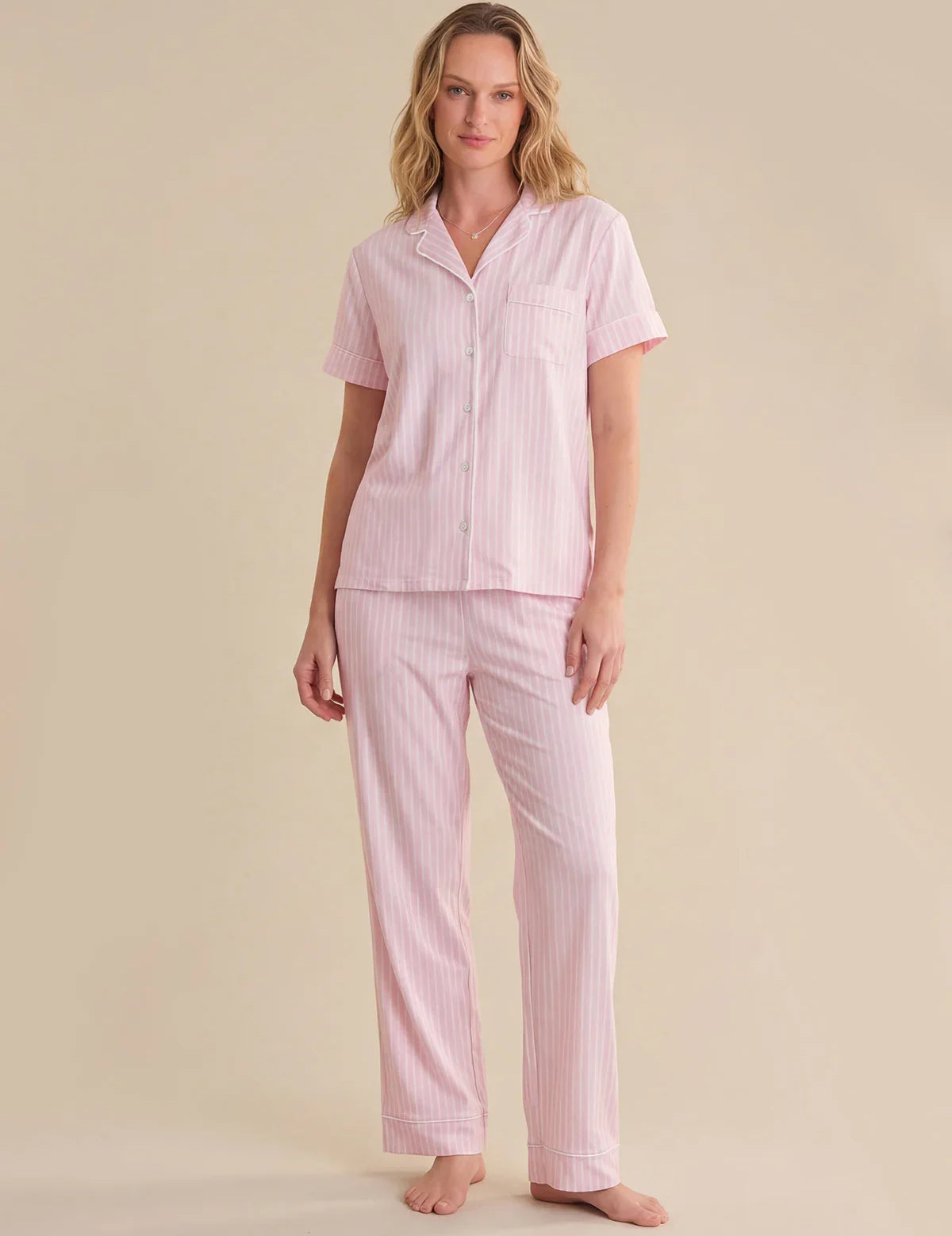 Solid Piped Short Sleeve Pajamas Set
