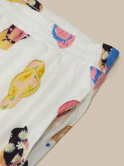 Colorful fabric with printed patterns on a beige background