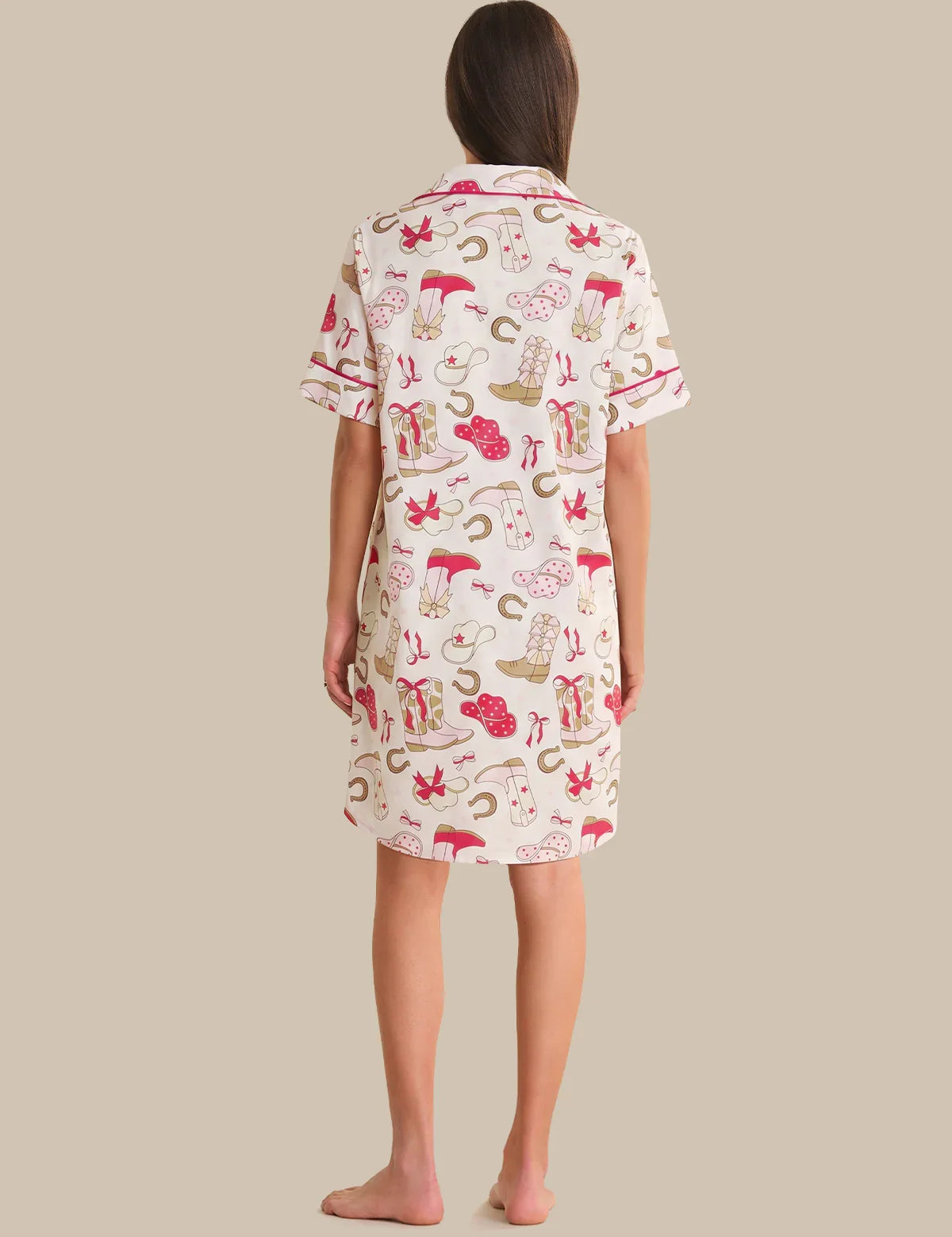 Woman wearing a patterned nightshirt on a beige background