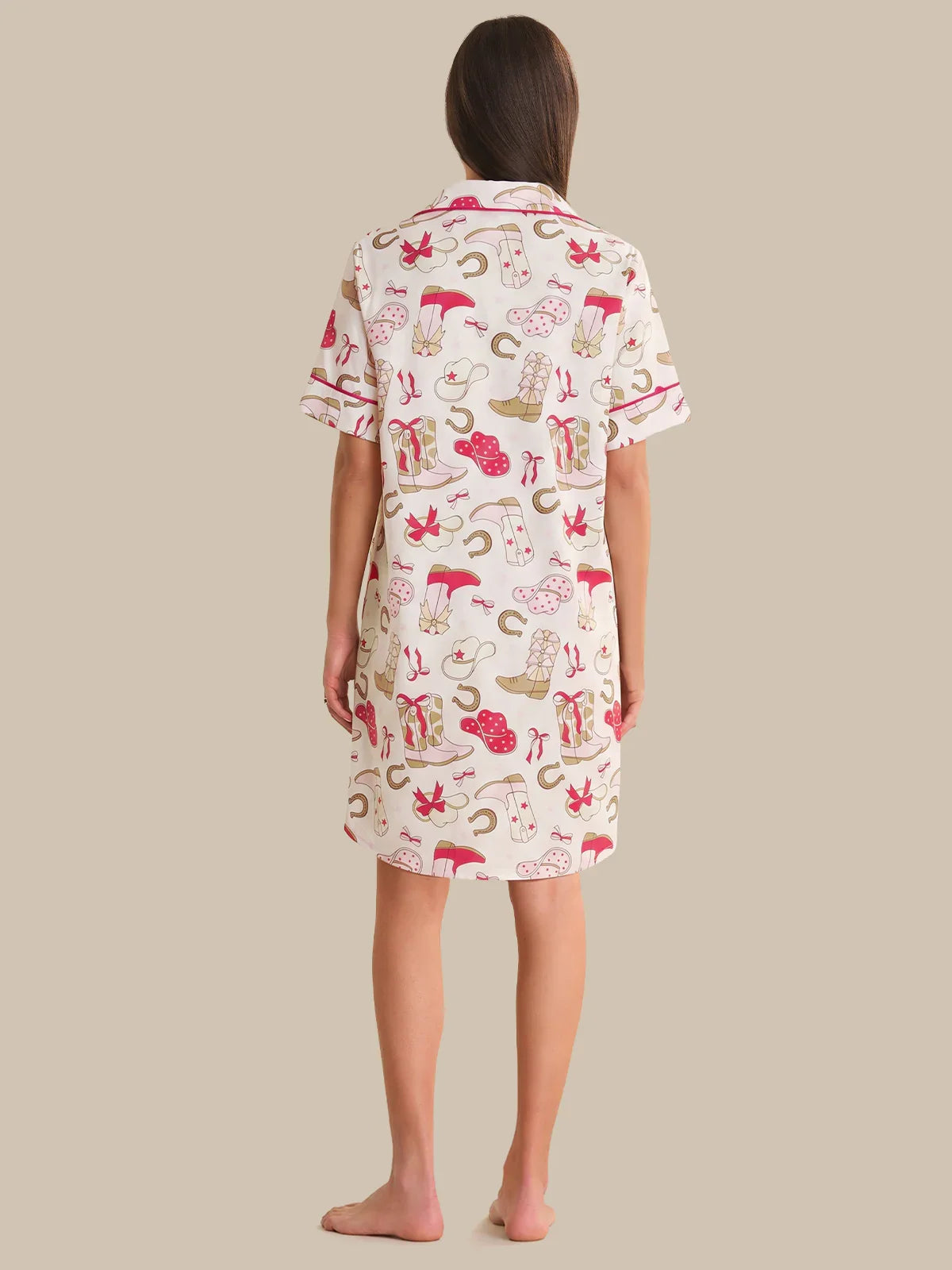 Woman wearing a patterned nightshirt on a beige background