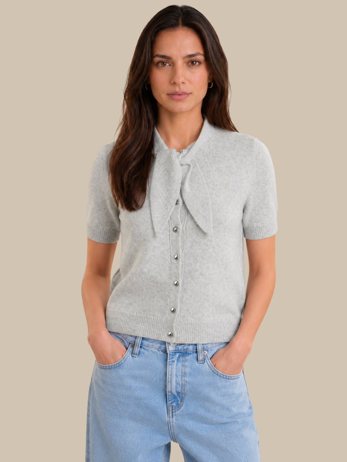 Tie Neck Short Sleeve Cardigan