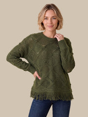 Pointelle Fringe Crewneck Sweater