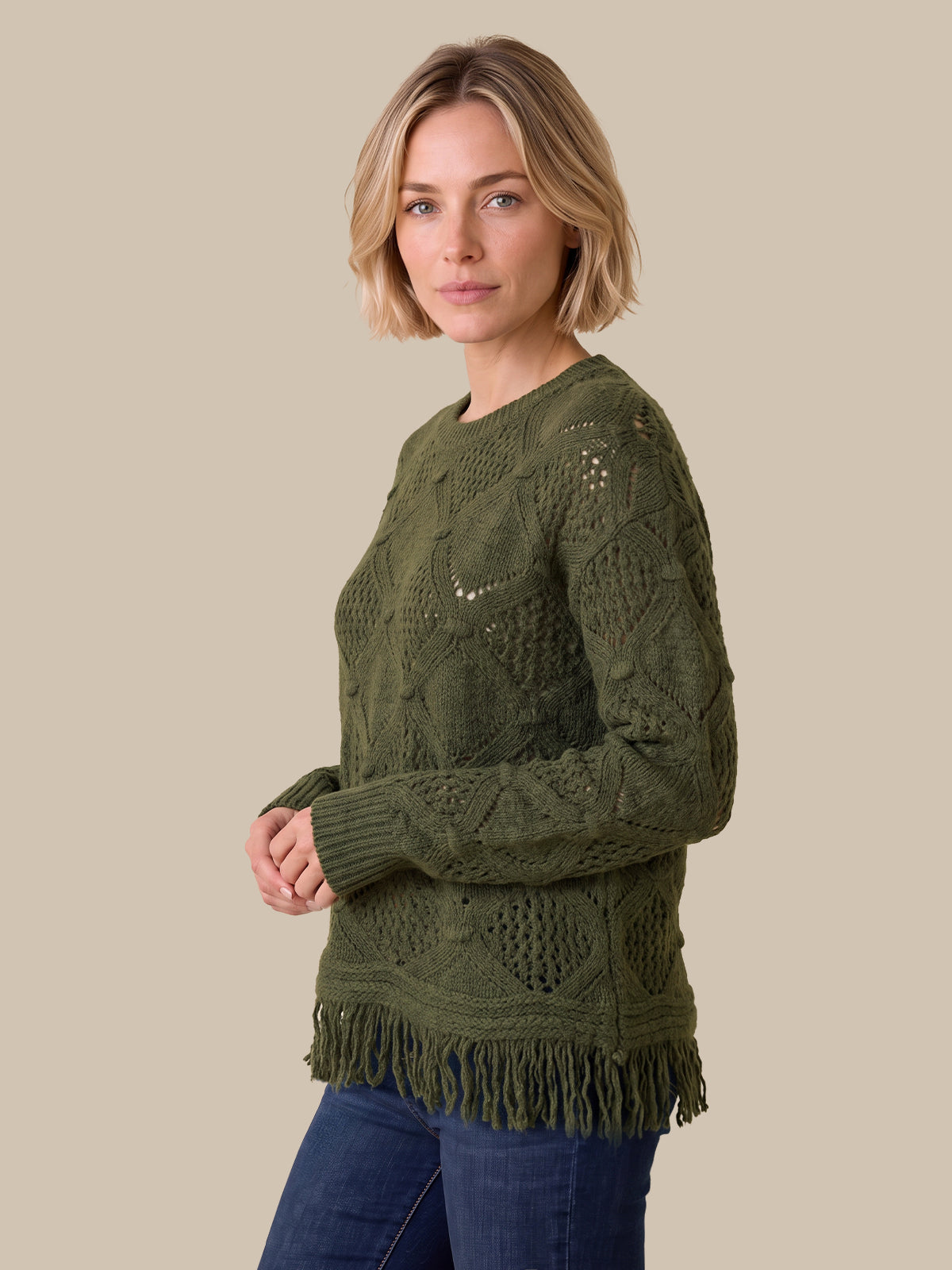 Pointelle Fringe Crewneck Sweater