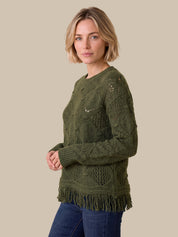 Pointelle Fringe Crewneck Sweater
