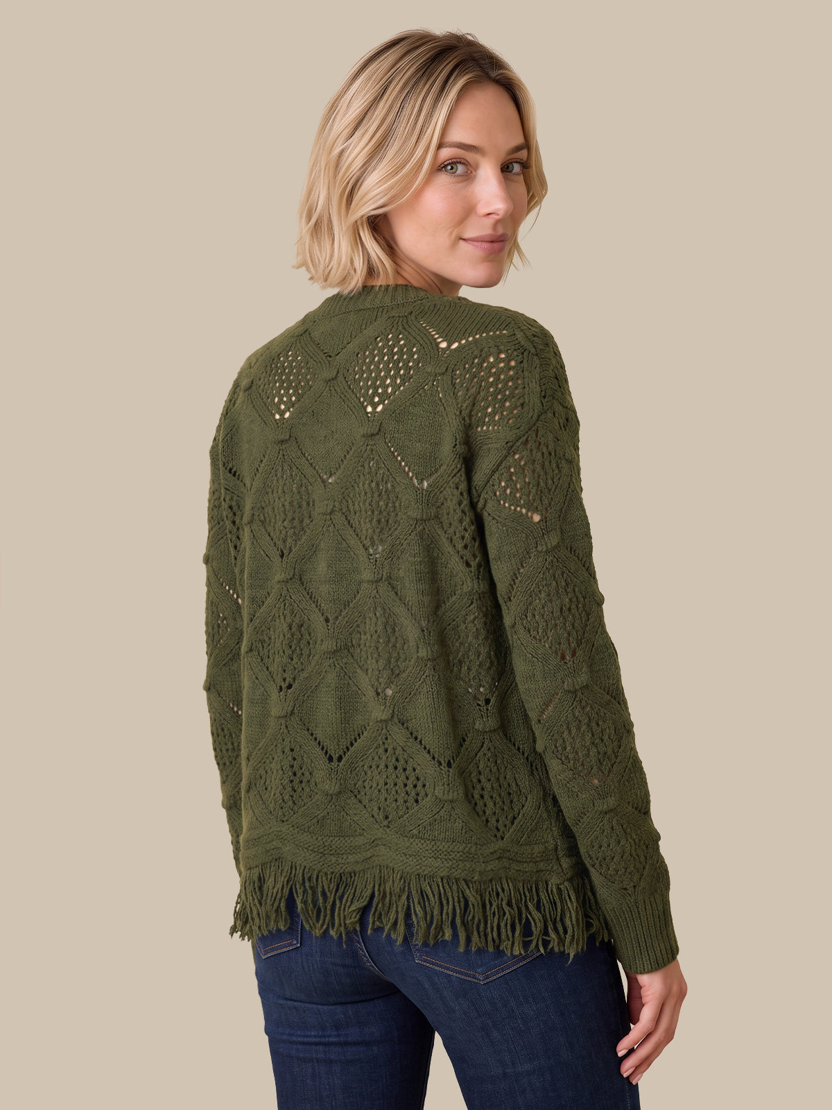 Pointelle Fringe Crewneck Sweater