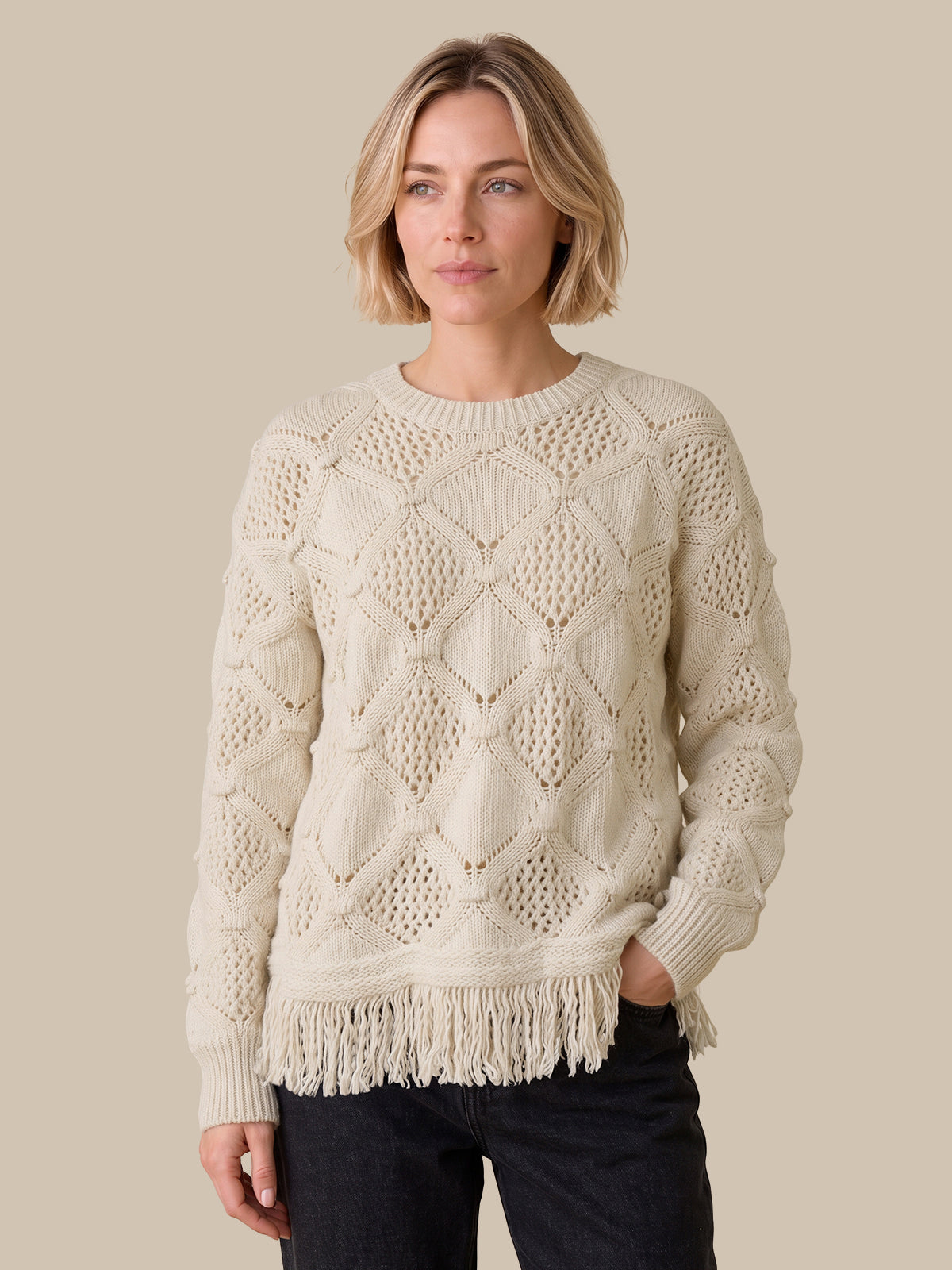 Pointelle Fringe Crewneck Sweater
